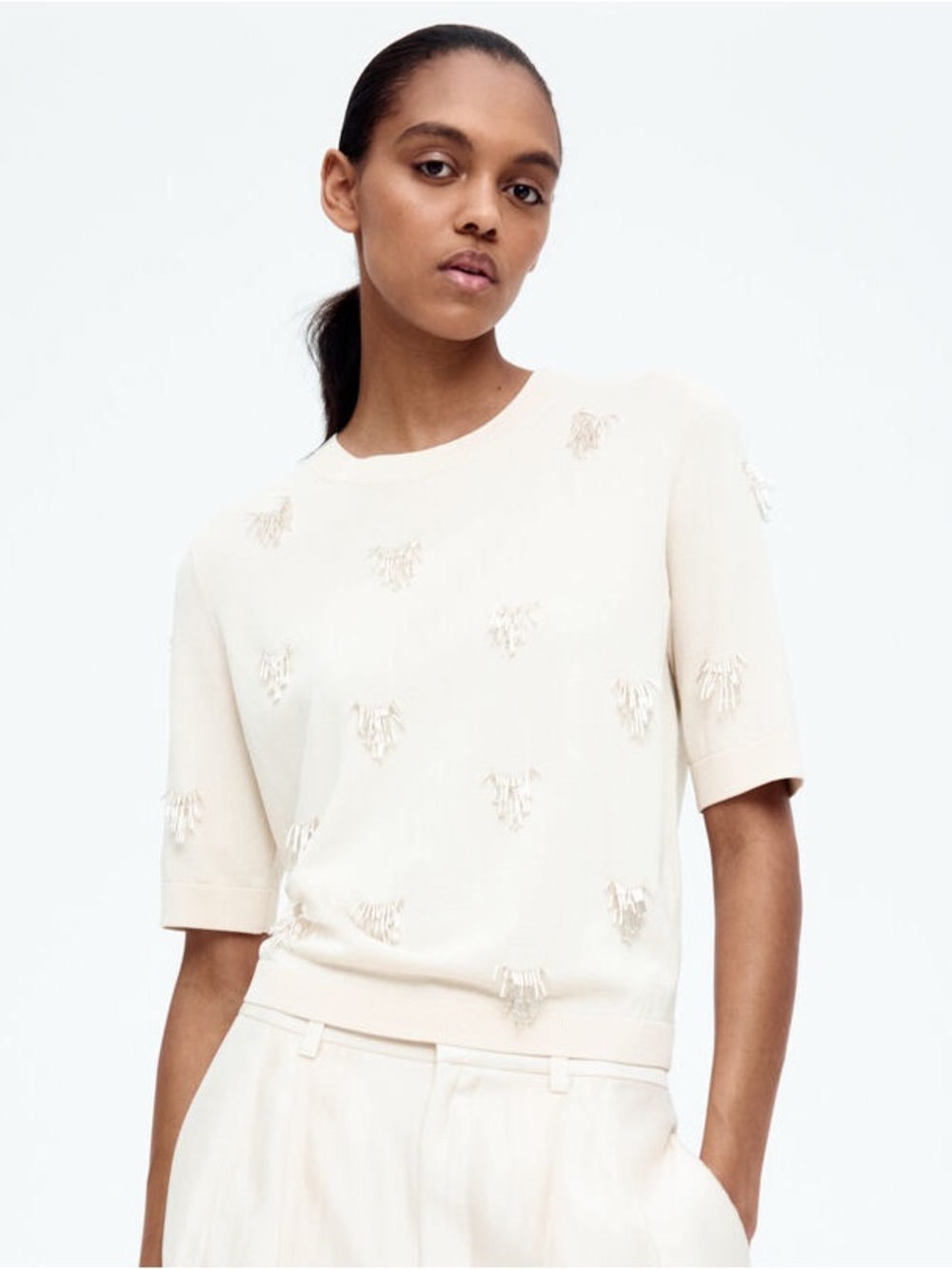 H&M Edition Cream Short-Sleeve Bead Embellished Knit Top
